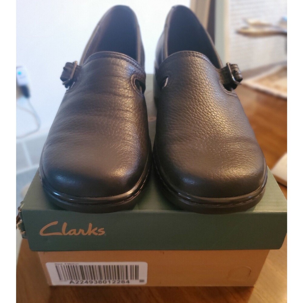 Clarks Vintage Black Leather Wedge Loafers Buckle Mary Jane Style 70300 NIB 8M
